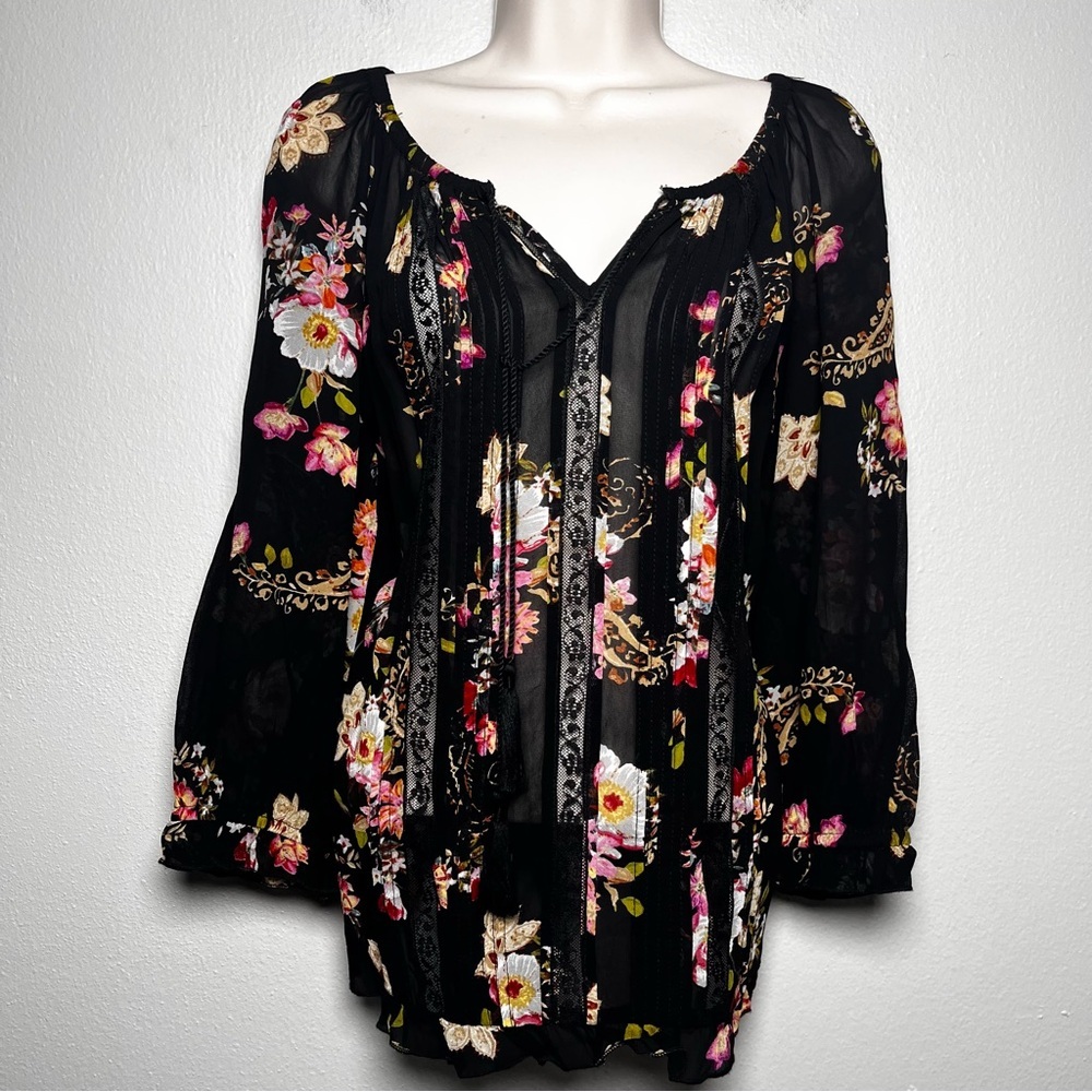Bila Women Whimsigoth Top Small Black Dark Floral‎ Lace Sheer Boho Cottagecore